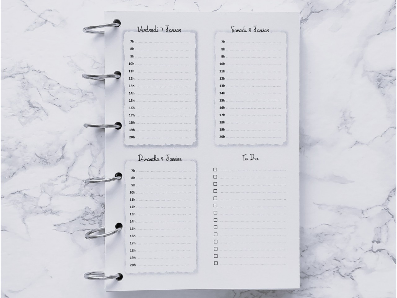 Agenda hebdomadaire avec heures  - A4