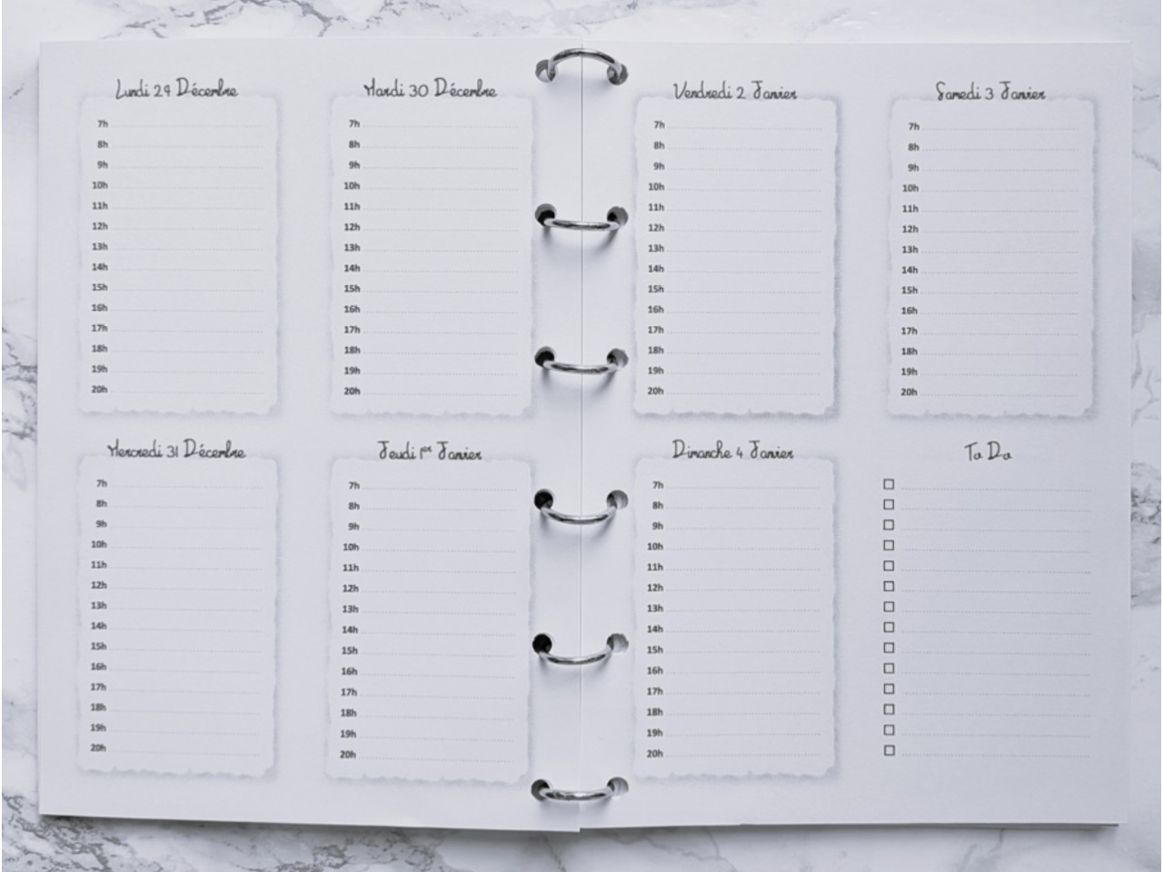 Agenda hebdomadaire avec heures  - A4